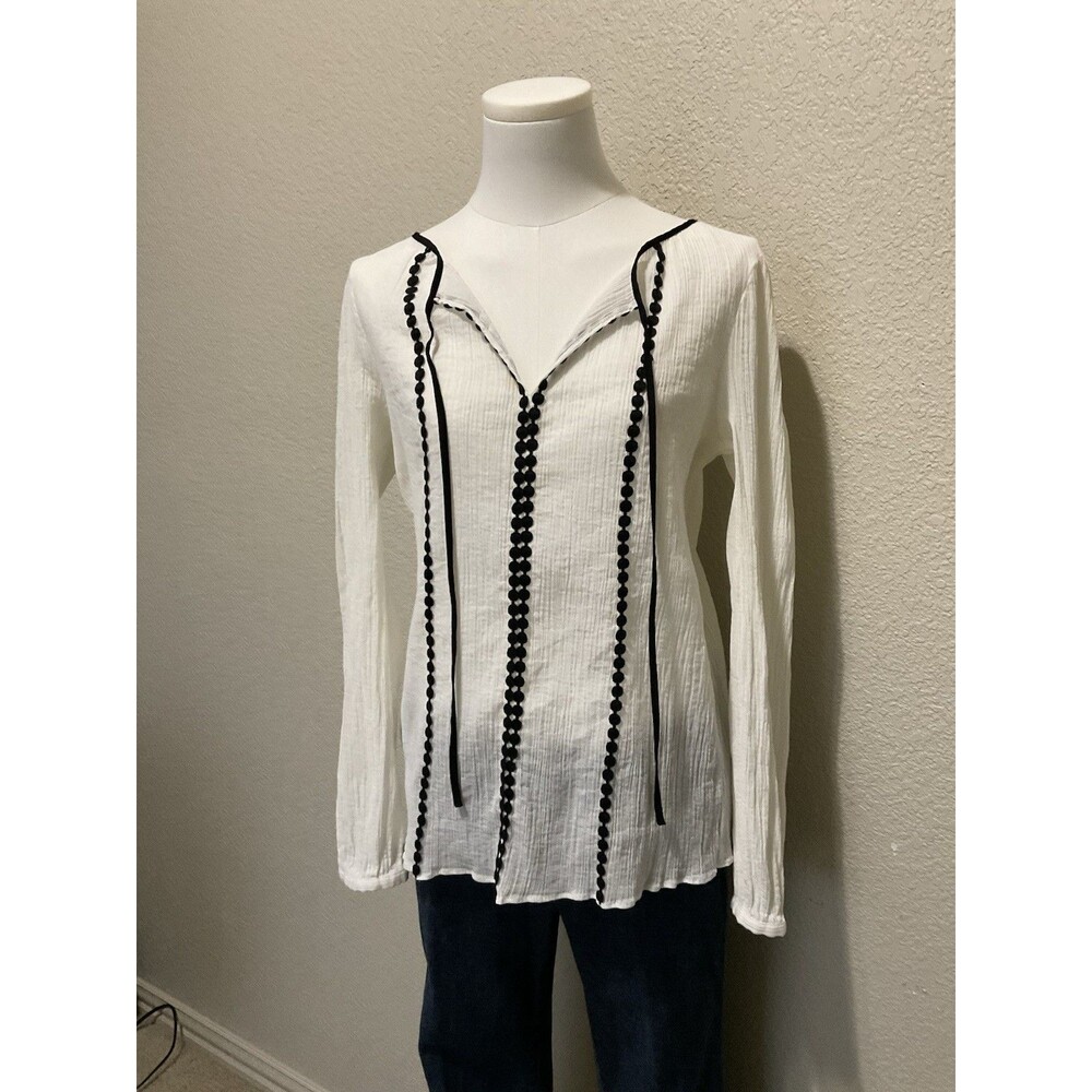 LOFT, Women’s Long Sleeve Cotton Blouse, White, Black Trim, Size: M - Picture 2 of 8